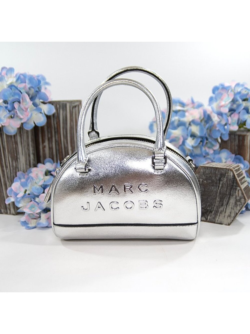 Marc Jacobs Silver Metallic Leather Mini Bowler Satchel Crossbody Bag NWT $375
